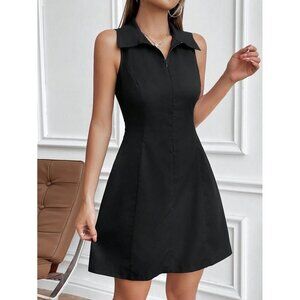 Black Sleeveless Zip Collar Mini Dress Minimalist Preppy Chic